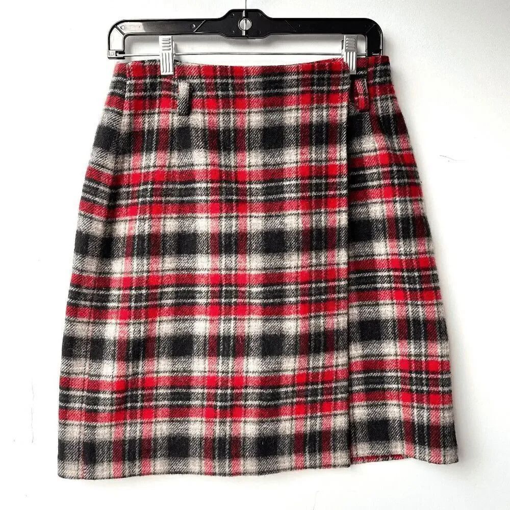 VTG 90s Eddie Bauer Red Black Plaid Wool Wrap Skirt SZ 8 Lined Kilt Style